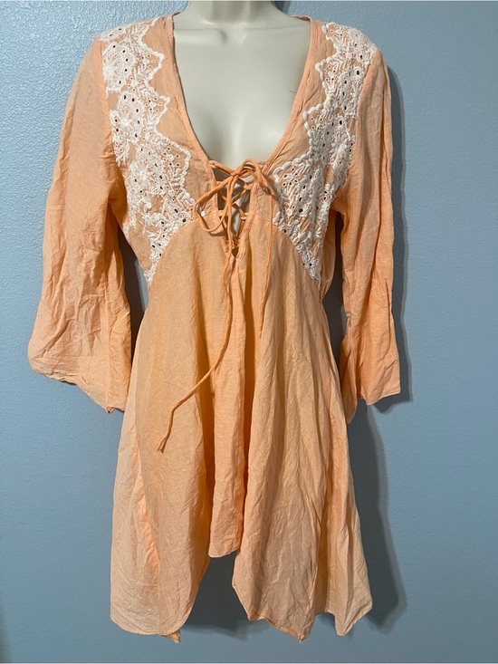 Lucky & Blessed Dresses & Skirts - Lucky & Blessed Peach Babydoll Mini Dress Lace Up Eyelet Boho Cottagecore M/L